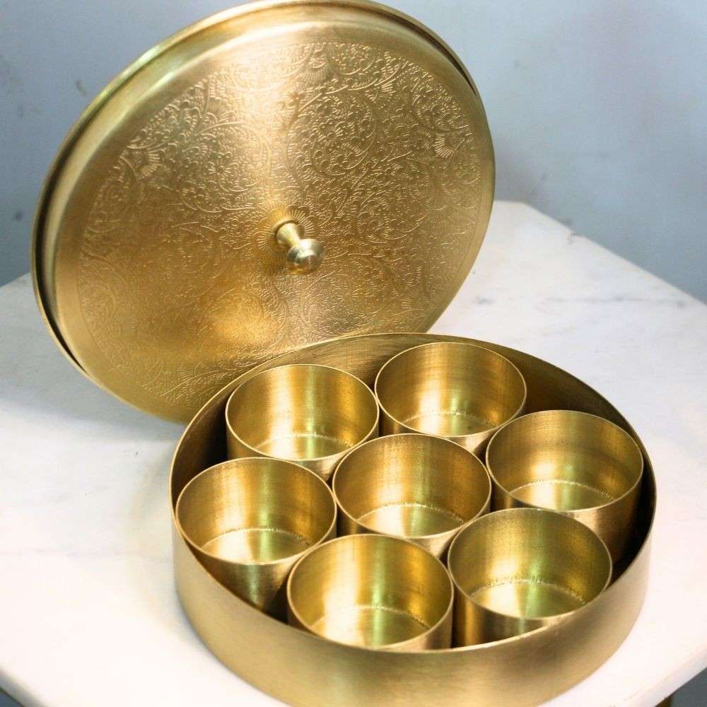 Brass Masala Box – 8 Inch Traditional Spice Storage Container